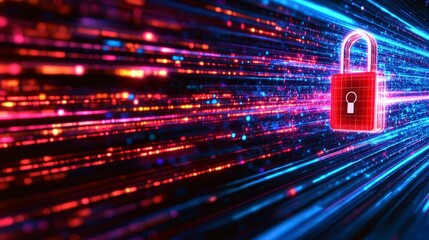 Poster - Red lock icon symbolizes cybersecurity against a backdrop of vibrant streaks of data flow representing online protection and digital security.