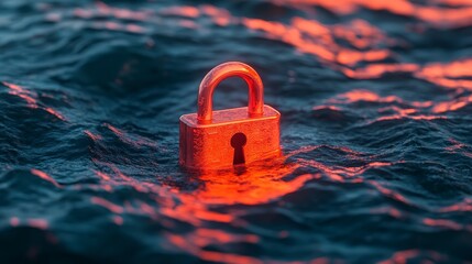 Poster - A metallic padlock partially submerged in dark water illuminated by an ominous red glow creates a sense of vulnerability and impending danger.
