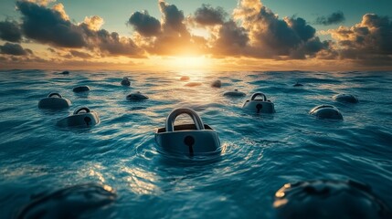 Poster - Padlocks and spheres float in the ocean at sunset. This symbolizes data security, privacy, encryption, and the vastness of digital information.