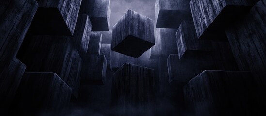 Poster - abstract composition of floating black concrete cubes in a dark environment representing modern cons