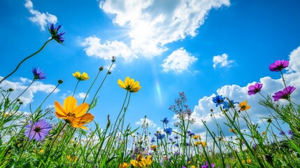 Aufkleber - A field of wildflowers in various colors under a bright sunny sky, wide-angle shot, Nature's palette style