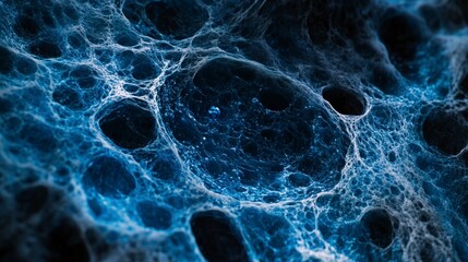 Poster - A close-up view of a dark blue spongy surface with intricate interconnected patterns creating holes and textures.  The porous material resembles a network of organic matter.