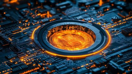 Poster - A futuristic close-up of a circuit board with a glowing orange core. Intricate details and technological design evoke innovation and advanced computing power.