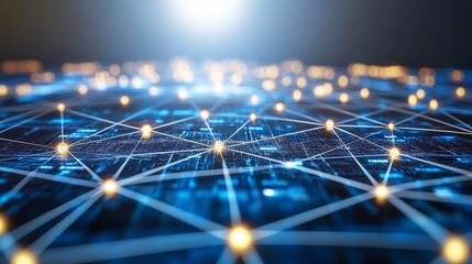 Poster - Abstract image of interconnected nodes and lines representing a network or neural network. Blue and gold colors evoke technology and data flow.