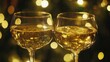 © ahmad zaenal - Two glasses of sparkling wine against a background of blurry Christmas lights.