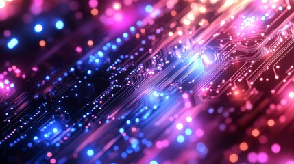 Poster - A close-up of a vibrant circuit board illuminated with pink and blue lights. The intricate network of lines and glowing dots evokes a sense of technological advancement and complexity.