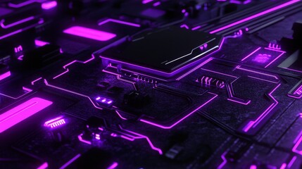 Poster - A close-up of a dark circuit board with glowing purple neon lines and components. The central processing unit stands out with its sleek design.