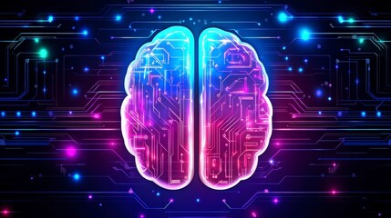 Poster - A vibrant brain graphic overlaid with circuit board patterns glows against a dark backdrop of interconnected lines and glowing nodes. This visualization represents the fusion of technology and human i