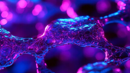 Poster - Abstract macro close-up of a structure resembling interconnected bubbles or foam with a neon purple and blue iridescent sheen.