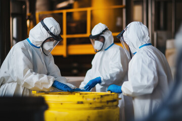 Workers in protective suits handling yellow containers in an industrial setting