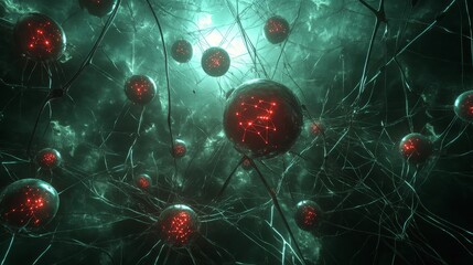 Poster - A network of interconnected spheres pulses with red light against a teal backdrop. The intricate web suggests a complex system like a neural network or a futuristic cityscape.