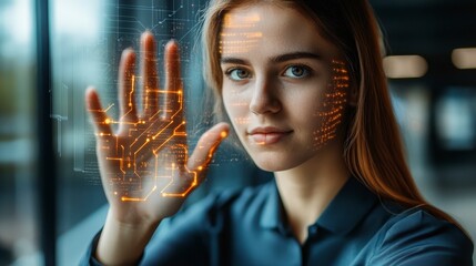 Poster - A woman interacts with a futuristic transparent display using her hand. Orange glowing lines and circuits appear on her hand and face as she touches the screen.