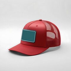 red trucker hat with teal patch mockup design template for branding