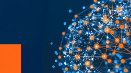 Poster - Abstract 3D rendering of a sphere-shaped network with glowing nodes and connecting lines on a dark blue and orange background representing technology and data.