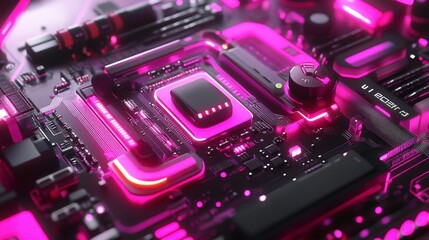 Poster - Close-up of a futuristic circuit board with glowing pink neon lights. The intricate details and dark background highlight the technological design.