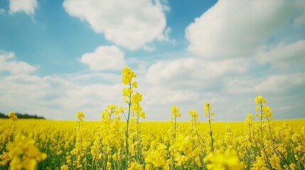 Aufkleber - A field of yellow canola flowers under a partly cloudy sky, wide-angle shot, Countryside style
