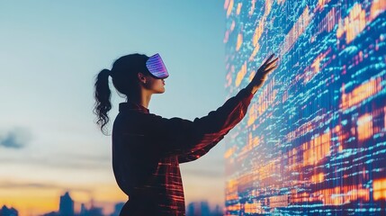 Poster - A woman wearing VR goggles interacts with a large digital display filled with colorful data streams at sunset offering a glimpse into the future of technology.