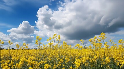 Aufkleber - A field of yellow canola flowers under a partly cloudy sky, wide-angle shot, Countryside style
