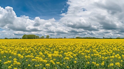 Aufkleber - A field of yellow canola flowers under a partly cloudy sky, wide-angle shot, Countryside style
