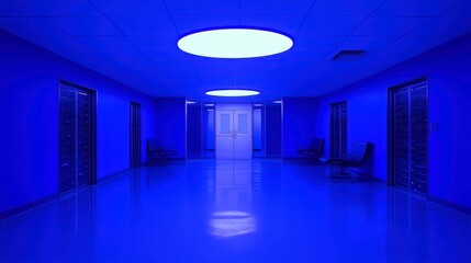 Poster - A dimly lit blue hallway with server racks lining the walls and a few chairs placed sporadically. The hallway leads to a bright double door at the end.