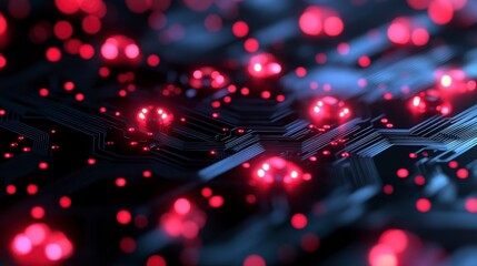 Poster - A close-up view of a circuit board with glowing red lights. The intricate network of lines and components creates a futuristic and technological feel.