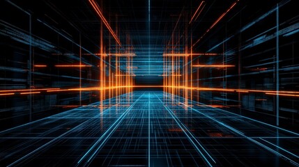 Poster - A futuristic digital corridor with glowing orange and blue grid lines. Binary code streams along the walls creating a sense of depth and technological advancement.