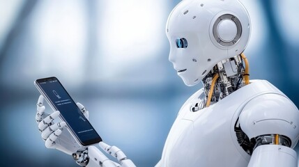 Poster - A humanoid robot holding a smartphone, showcasing advanced technology and the intersection of robotics and communication.