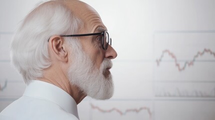 Poster - A thoughtful elderly man observes financial graphs, symbolizing experience and insight in the world of finance and data analysis.