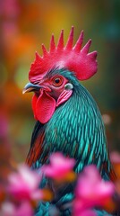 Wall Mural - A vibrant close-up of a colorful rooster with a striking crest against a blurred background.