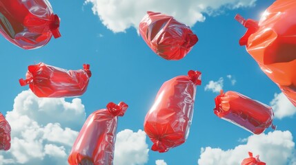 Poster - red air packs floating in a bright blue sky surrounded by clouds creating a whimsical and surreal vi