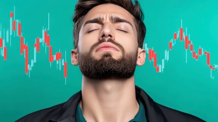 Poster - A focused man with a beard meditates against a vibrant green backdrop, with fluctuating stock market graphs behind him, symbolizing financial awareness.