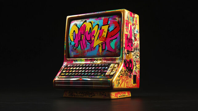 old computer with graffiti colorful on black background