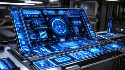 Poster - A futuristic computer interface displays complex data and controls with glowing blue neon light in a dark high-tech environment. Advanced technology and innovation are evident.