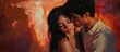 © Holo Frame - Romantic young couple sharing an intimate moment with a kiss on the neck in a warm and vibrant painted background