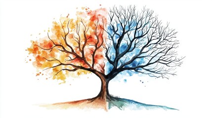 Wall Mural - A beautiful watercolor illustration of a tree in two halves, representing seasonal change with vibrant colors and intricate details.