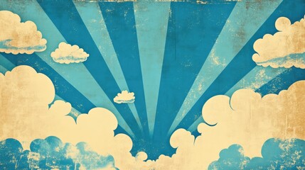 Poster - vintage blue-toned background featuring textured clouds and rays creating a retro atmosphere ideal f