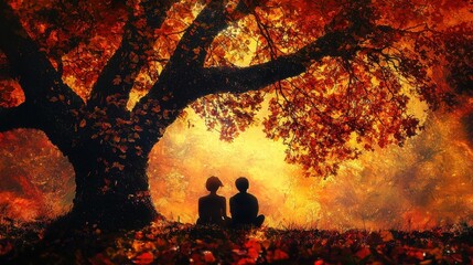 A serene moment under an autumn tree, where two figures enjoy nature's beauty in warm hues of orange and gold, symbolizing connection.