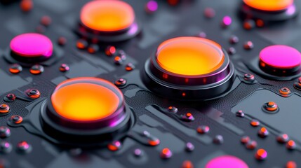 Poster - Close-up of a futuristic control panel with glowing orange and pink buttons. The surface is dark and textured with intricate details.
