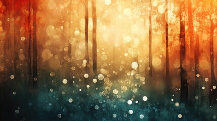 Poster - Abstract bokeh design background with warm orange and teal tones creating a dreamy forest atmosphere for artistic and modern compositions