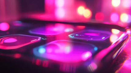 Poster - Close-up of a futuristic smartphone interface glowing with vibrant neon pink and purple hues in a blurred colorful background.