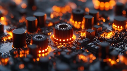 Poster - A close-up of a circuit board with glowing orange components and a central gear. The image evokes a sense of power and technology.