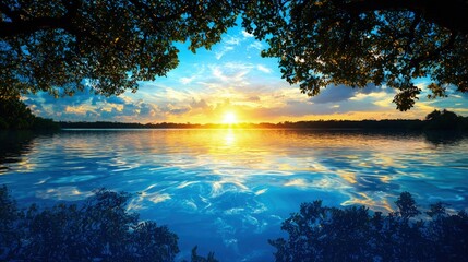 Poster - Sunset over calm lake reflected in water, framed by trees.