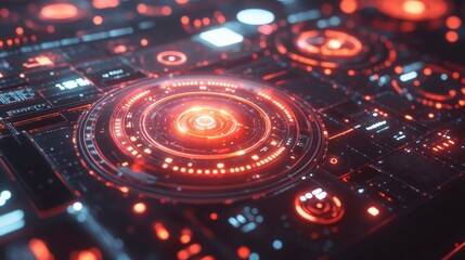 Poster - A close-up of a futuristic technological interface glowing with red and blue lights. The intricate details suggest advanced controls and data visualization.