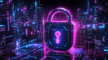 Poster - A futuristic cityscape at night with neon lights and a prominent glowing padlock symbolizing cybersecurity and data protection in the digital metropolis.
