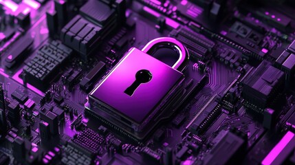 Poster - A shiny metallic padlock sits on a dark circuit board bathed in purple light. This symbolizes cybersecurity and data protection in the digital age.