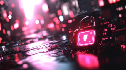Poster - A futuristic neon pink padlock glows on a dark technological surface. The lock symbolizes cybersecurity and data protection in a digital environment.