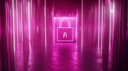 Poster - A neon pink padlock icon glows in a darkened room surrounded by vertical pink neon lights. The floor reflects the vibrant hues creating a mysterious and secure atmosphere.