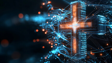 Poster - Digital pulse of health illuminated cross symbolizing innovation in healthcare technology abstract visuals futuristic environment