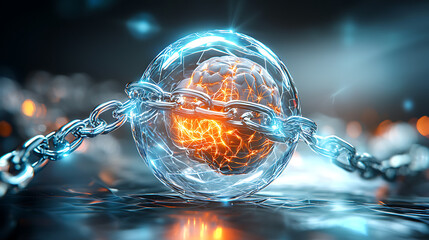 Poster - Dynamic energy sphere encased in chains futuristic setting digital art surreal environment close-up viewpoint conceptual visualization