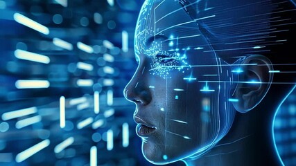Poster - side view of a woman's face being scanned by artificial intelligence, symbolizing brain optimization